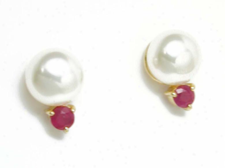Elegant Freshwatr Pearl & Genuine Round Ruby Earrings