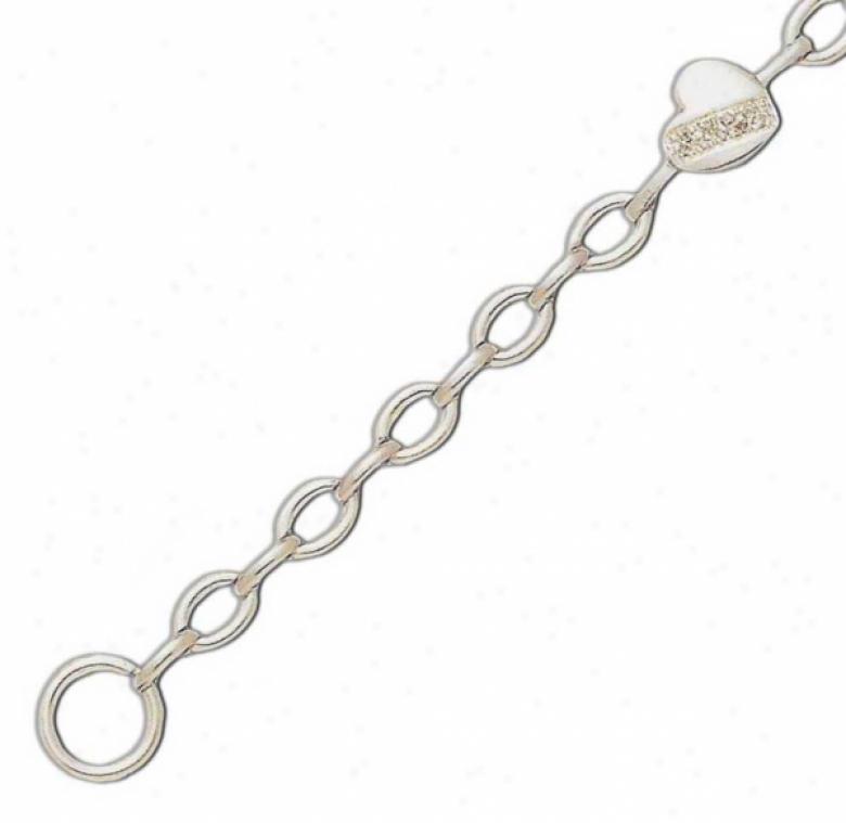 Heart Design Rolo Link Cz Silvery Bracelet