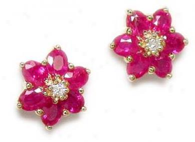 Oval Ruby & Diamond Flower Earrings