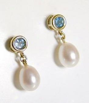 Round Blue Topaz & Fw Pearl Lower Earrings