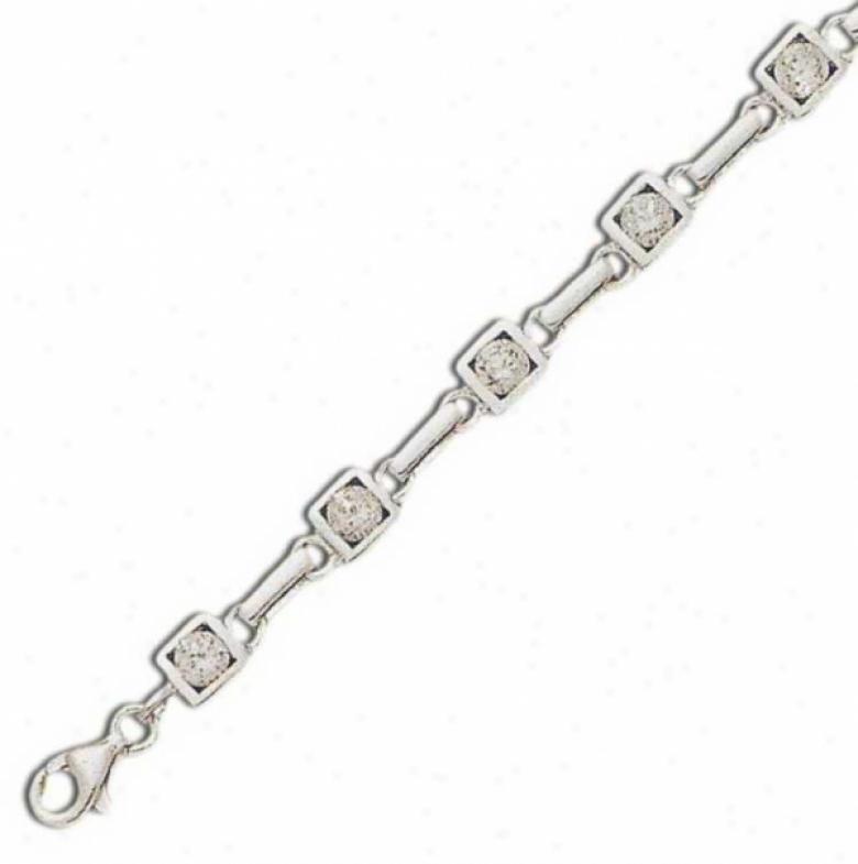 Sq8are Style Link Round 4 Mm Cz Silver Bracelet