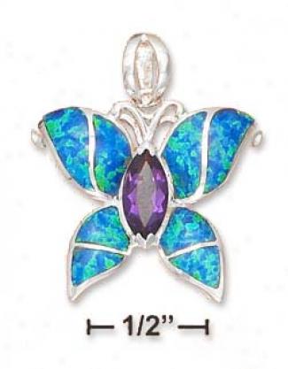 Ss 1 Inch Synt Blue Opal/amethyst Butterfly Pendant