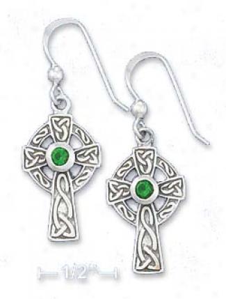 Ss 1/2 Inch Celtic Cross Earrings 3mm Emerald-green Glass