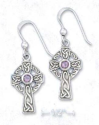 Ss 1/2 Inch Celtic Cross Earrings 3mm Purple Glass