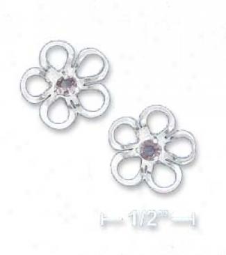 Ss 1/2 Inch Flower Post Earrings Synthetic Amethyst Center