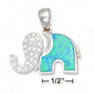 Ss 1.25 In Wiide Synthetic Blue Opal Pave Cz Elephant Pendant