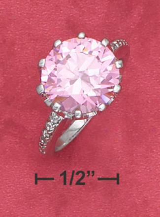 Ss 12mm Pink Cz Ring With Crown Setting Partial Pave Shank