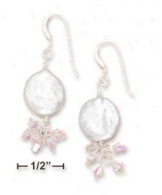 Ss 12mm White Coin Pearl Earrings With Clear Crystal Dangles