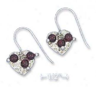 Ss 13mm Hammered Heart Earrings With 3mm Garnet Dangle Beads