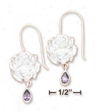 Ss 13mm Rose Earrings With 3x5mm Purple Cz Tear Dangle