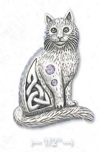 Ss 1.5 Inch Celtic Cat Pendant With 2mm 3mm Amethyst Stones