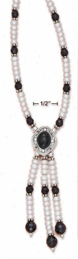 Ss 16-18 In Adj. Onyx Pearl Necklace With Cabochon 3 Tassels