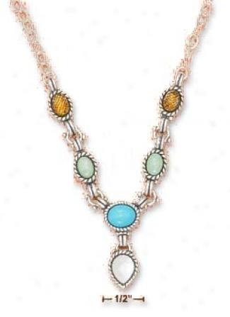 Ss 16-20 In Adj. Amb3r Turquoise Open Necklace With Mop Tear