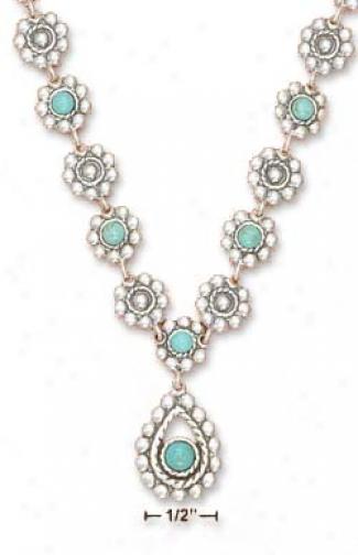 Ss 16-20 Inch Adj. Flower Upon Turquoise Stone Drop Neckklace