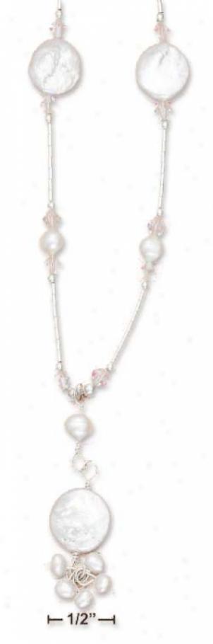Ss 16 In Ls Y Necklace White Coin Pearls Clear Crystal Beads