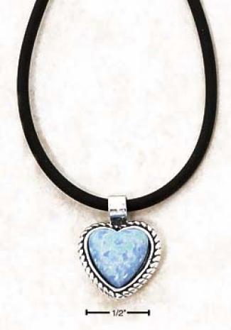 Ss 16 Inch Lab Blue Opal Heart On Rubber Cord Necklace