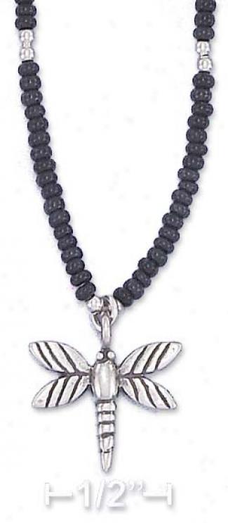 Ss 16i Choker Black Pony Beads Ant Center Dragonfly Pendant
