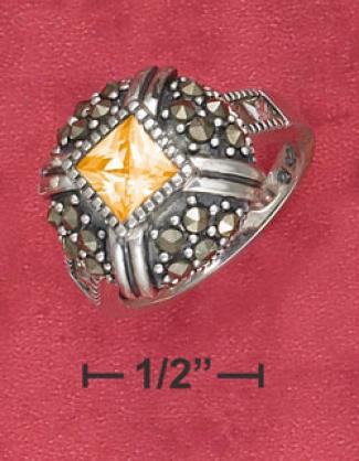 Ss 16mm With Marcasite Chips 6mm Orange Cz Center Ring