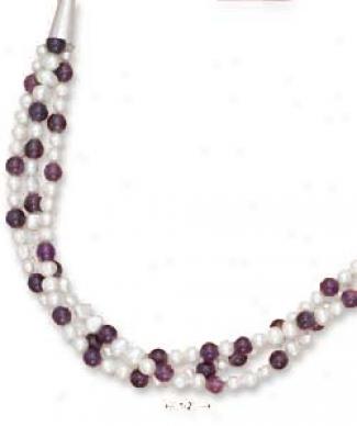 Ss 17-21 In. Adj. Triple Strand Pearl Amsthyst Bead Neccklace