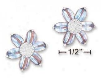 Ss 18mm Blue Cz Flower Checkerboard Cut Petals Post Earrings