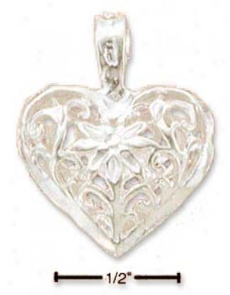 Ss 18mm Diamond Cut Filigree Heart With Center Flower Charm