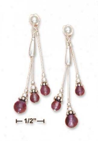 Ss 3 Strand Ls Post Dangle Earrings With Amethyst Balls