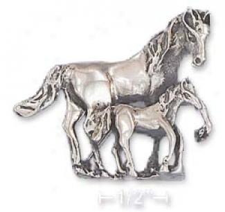 Ss 32 Mm High 3-d Mothef Horse Her Baby Horse Pin