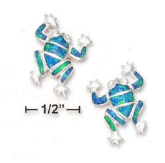 Ss 3/4 Inch Synthetic Blue Opal Inlay Frog Post Earrings