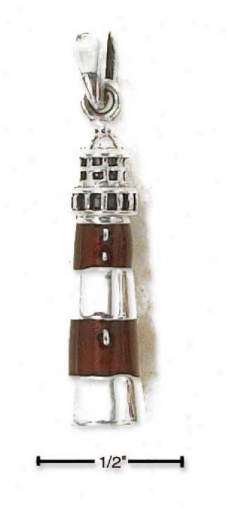 Ss 3d Red Enamel Striped Lighthouse Charm (nickel Free)