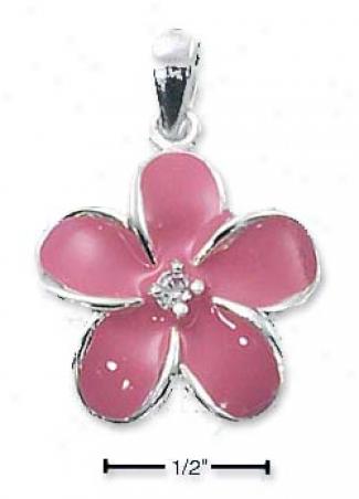 Ss 5 Petal Pink Enamel Flower Charm With Cz In Center