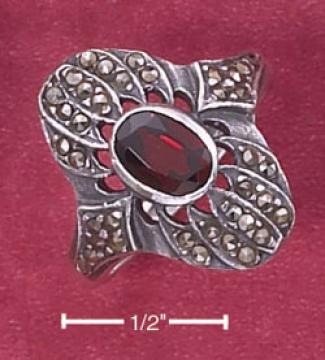 Ss 5 X 7mm Garnet Ring By the side of Fanned Marcasite Top Bottom