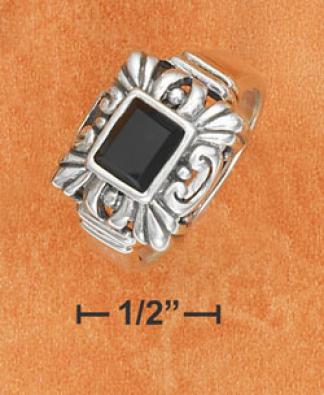 Ss 5x7mm Onyx Rectangle Ring With Fancy Filigree Frame