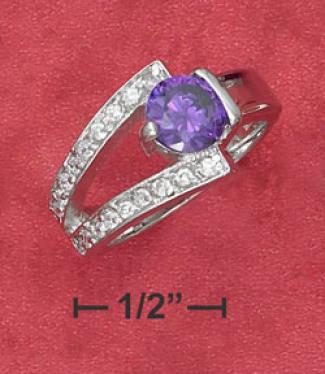 Ss 7mm Purple Cz Ring One Sided Partial Pave Split Shank