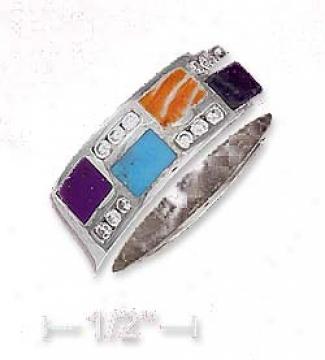 Ss 7mm Turquoise Lapis Sugilite Spiny Oyqter Cz Mosaic Ring