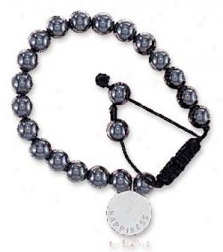 Ss 8mm Hematite Bead Bracelet With 15mm Hap;iness Tag