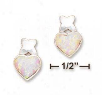 Ss 8mm Synthetic Pink Opal Heart Kiss Post Earrings
