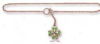 Ss 9 Inch Adj. Enamel Green Four Leaf Clover Dangle Anklet