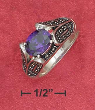 Ss 9x6mm Purple Cz With Marcasite Tapering Shank Ring