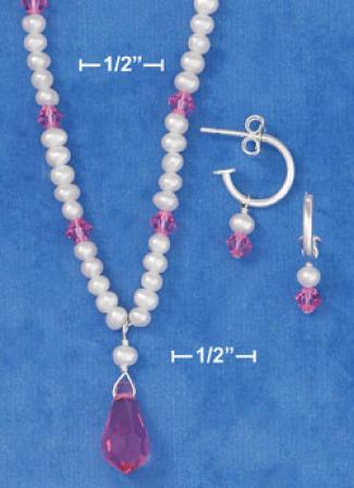 Ss Adj. 14-16i Pearl Pink Xtl Necklace Bracelet Earring Set