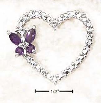 Ss Amethyst Open Heart Butterfly Diamond Accents Pendant