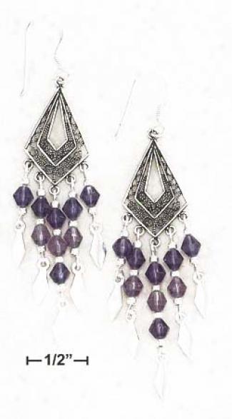 Ss Ant Diamond Shape Earrings 5 Strand Purple Bead Tips