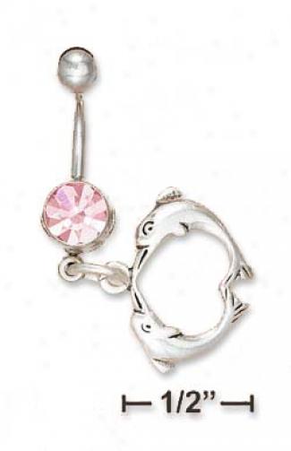 Ss Belly Ring With PinkI ce Gemstone Kissing Dolphin Dangle
