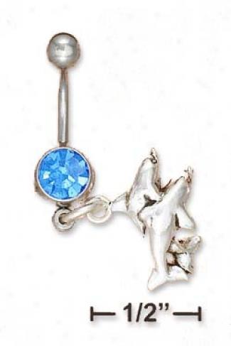 Ss Convexity Ring With Sapphire Gemstone Double Dolphin Dangle