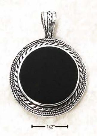 Ss Bezel Set Black Onyx Pendant With Roped Frame - 1 Inch