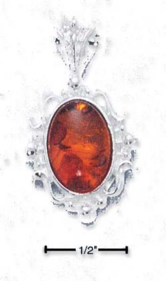 Ss Cabochon Genuine Amber Pendant With Fancy Scroll Border