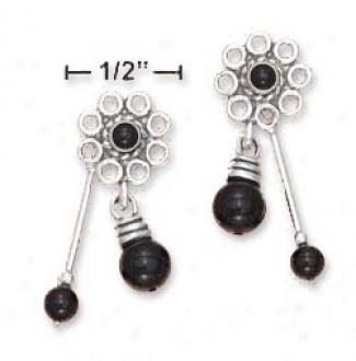 Ss Cabochon Onyx Floral Post Earrings With Onyx Drop Beads