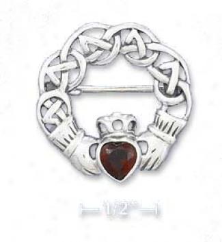 Ss Celtic Design Claddaugh With Synthetic Garnet Center Pin