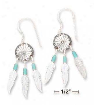 Ss Concho Earrigns With Turquoise Heshi Beads Feathers