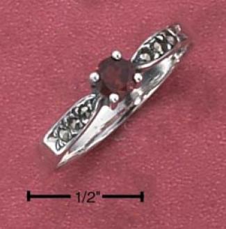 Ss Dainty Genuine Garnet Ring With Distressed Marcasite Shank