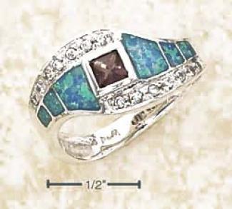 Ss Designer Asymmetric Blue Opal Inlays Czs Amethyst Ring